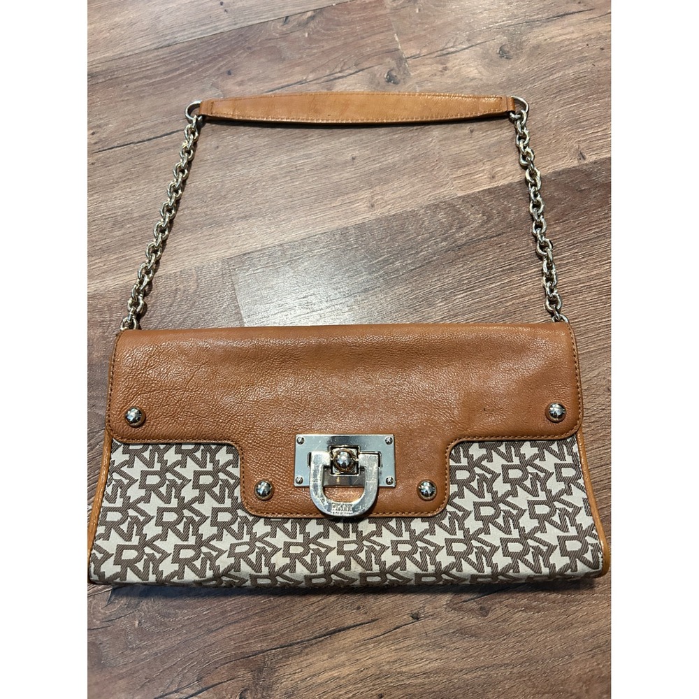 DKNY‎ Shoulder Bag Monogram Canvas Tan Leather Trim Silver Chain Strap Turn-Lock